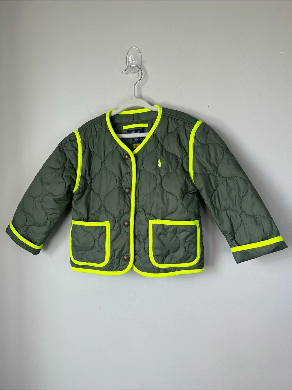 Polo Ralph Lauren Kids 2T Olive Quilted Kids Bomber Jacket Neon Trim STREETWEAR